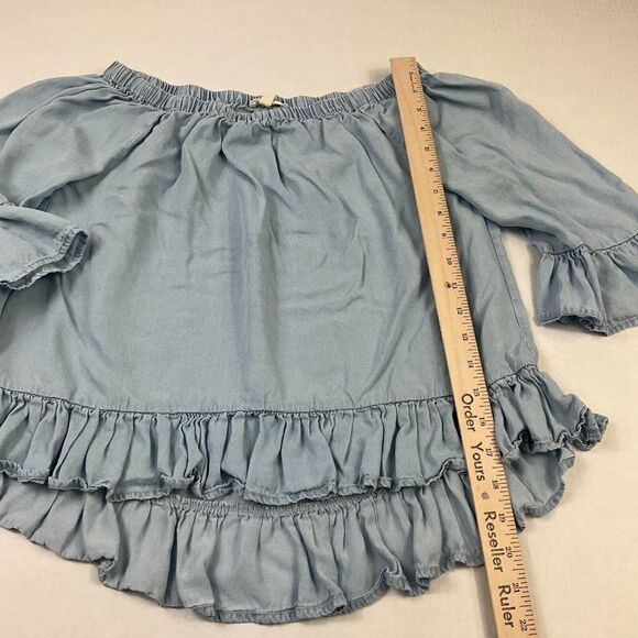 Jane and Delancey Off The Shoulder Top Blue Chambray 3/4 Sleeve Ruffled Shirt XS - Picture 5 of 11